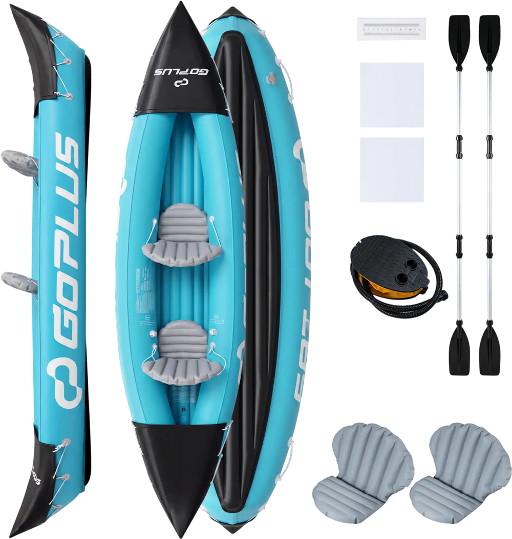 Inflatable 2-person tandem kayak in blue with aluminum paddles and comfortable seats, ideal for touring adventures.