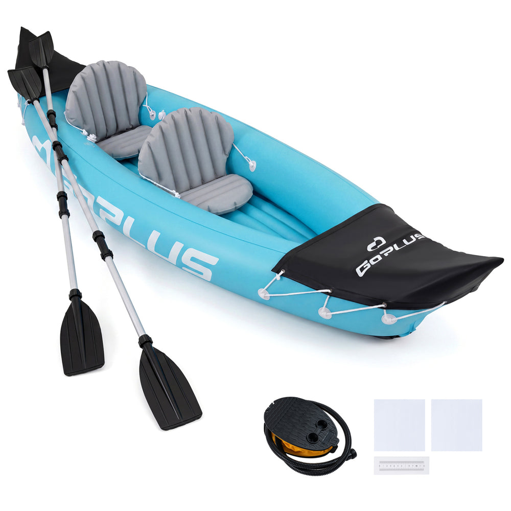 Two-person inflatable kayak in blue with aluminum paddles, designed for heavy-duty tandem touring.
