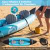 Inflatable 2-person kayak in blue with aluminum paddles, showing easy inflation process on the beach.