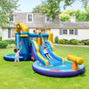 Ocean-themed inflatable bounce house with slide, pools, and water gun for outdoor fun in the backyard.