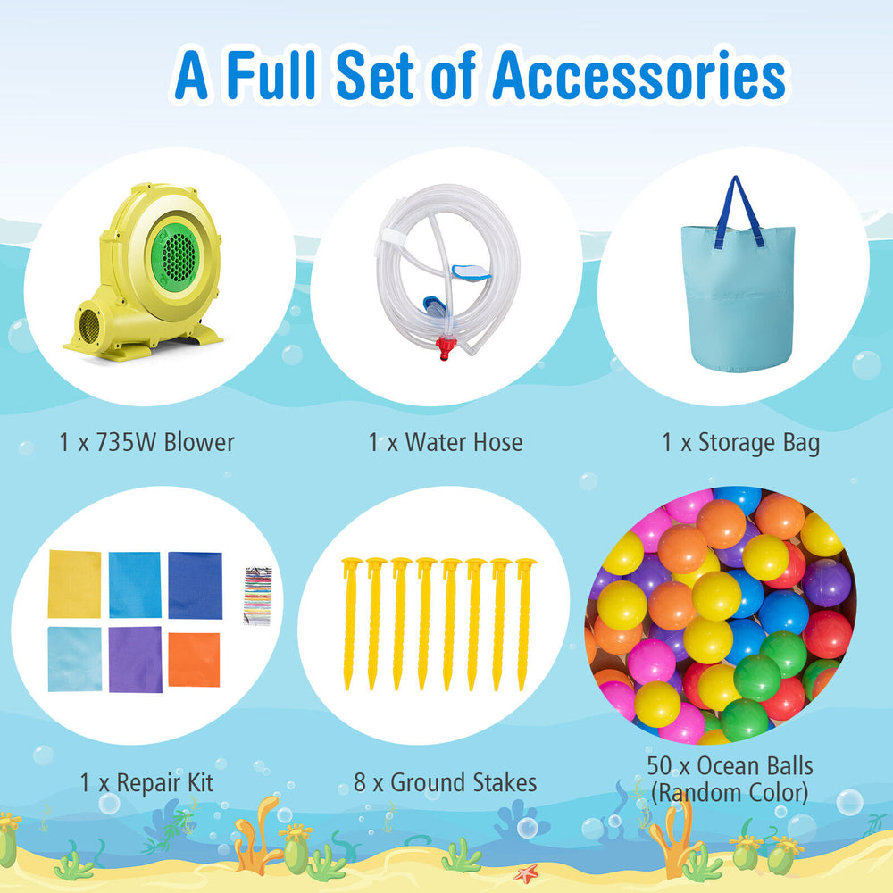 Full set of accessories for inflatable bounce house, including blower, water hose, storage bag, and ocean balls.