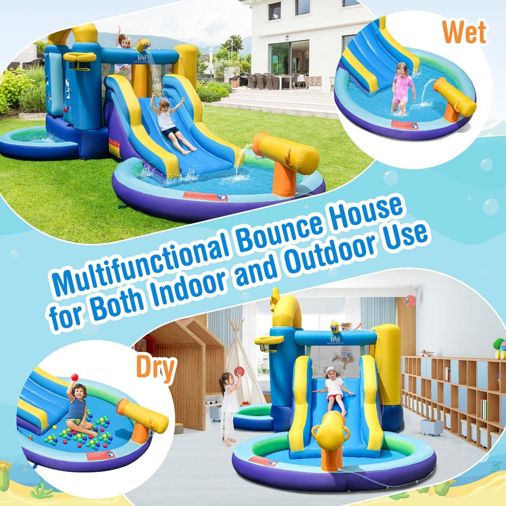 Inflatable ocean-themed bounce house featuring slides, pools, and a basketball hoop for indoor and outdoor fun.