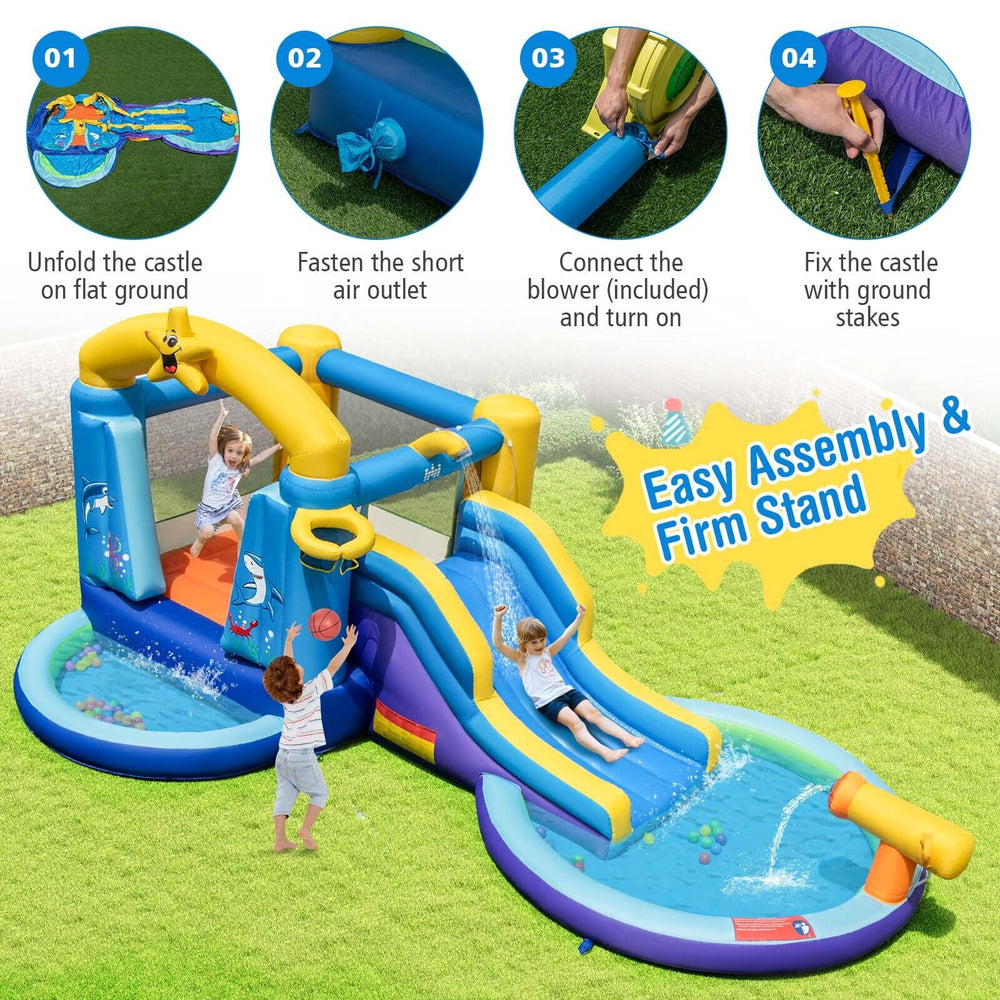 Inflatable ocean-themed bounce house with slide, pools, and basketball hoop, perfect for outdoor fun and stability.