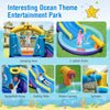 Inflatable ocean-themed bounce house with slide, two splash pools, and basketball hoop for outdoor fun.