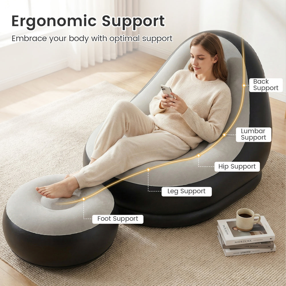 Inflatable lounge sofa with ottoman in grey, featuring ergonomic support and a flocked surface for comfort and.