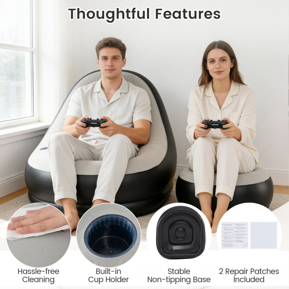 Inflatable lounge sofa with ottoman, grey flocked surface, built-in cup holder, ideal for home and outdoor use.