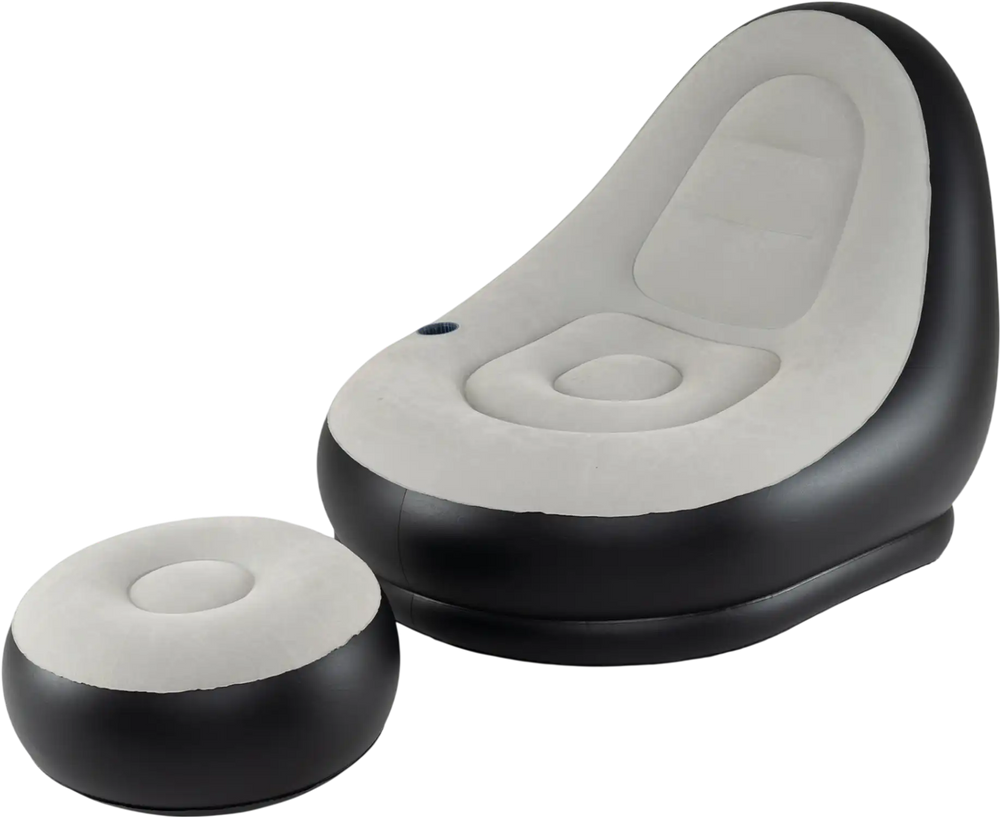 Inflatable lounge sofa with ottoman in grey, featuring a flocked PVC surface, contoured backrest, and built-in cup.