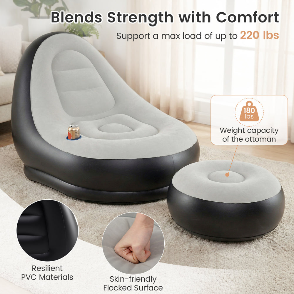 Inflatable lounge sofa with ottoman in grey, featuring a flocked surface, supports up to 220 lbs for versatile comfort.
