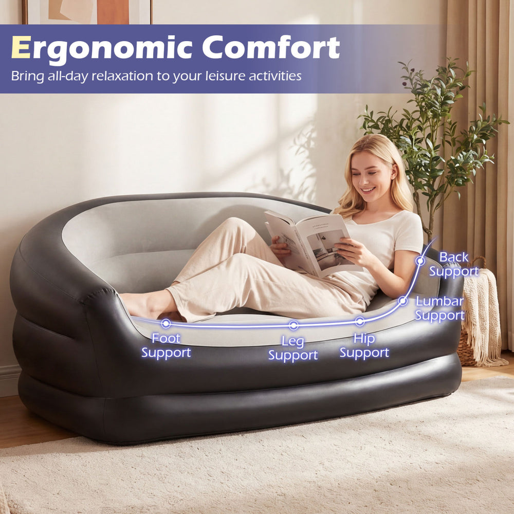 Inflatable loveseat couch in grey, featuring ergonomic support for back, legs, and hips, ideal for portable relaxation.