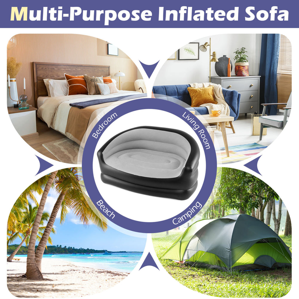 Portable inflatable loveseat couch in grey, perfect for camping, beach, or living room use. Flocked surface for comfort.