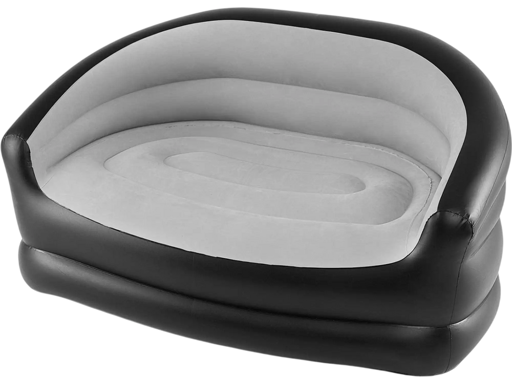 Inflatable loveseat couch in grey with a flocked surface, portable and foldable for easy storage and use.