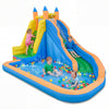 Inflatable Mighty Bounce House with water slide, featuring colorful balls and kids playing in the water.