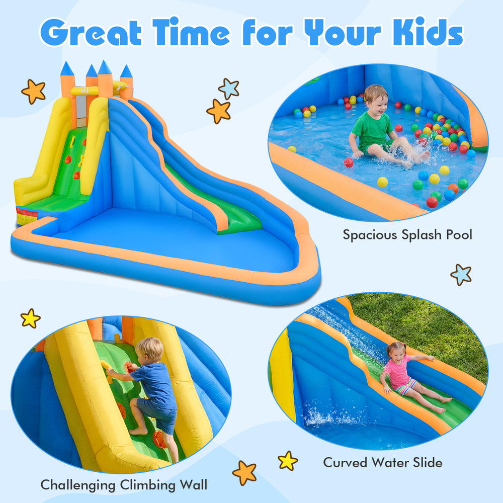 Inflatable bounce house with water slide, featuring a spacious splash pool and climbing wall for kids' outdoor fun.