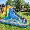 Bright inflatable bounce house with water slide, featuring kids playing in the pool and colorful balls for outdoor fun.