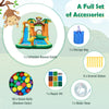 Monkey-themed inflatable bounce house with slide, includes 50 ocean balls, water hose, and 8 ground stakes for outdoor.
