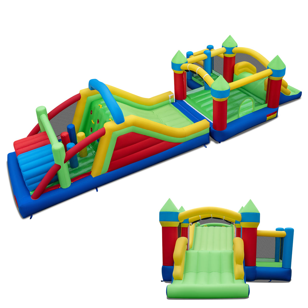 Inflatable obstacle course bounce house featuring dual slides, tunnels, and climbing wall for backyard fun.