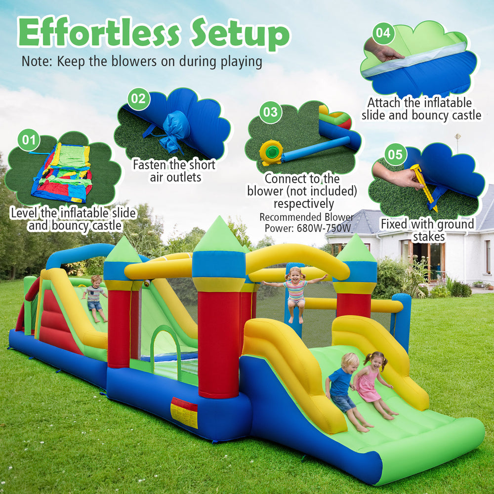 Inflatable obstacle course bounce house featuring dual slides, tunnels, and waterproof oxford cloth for backyard fun.