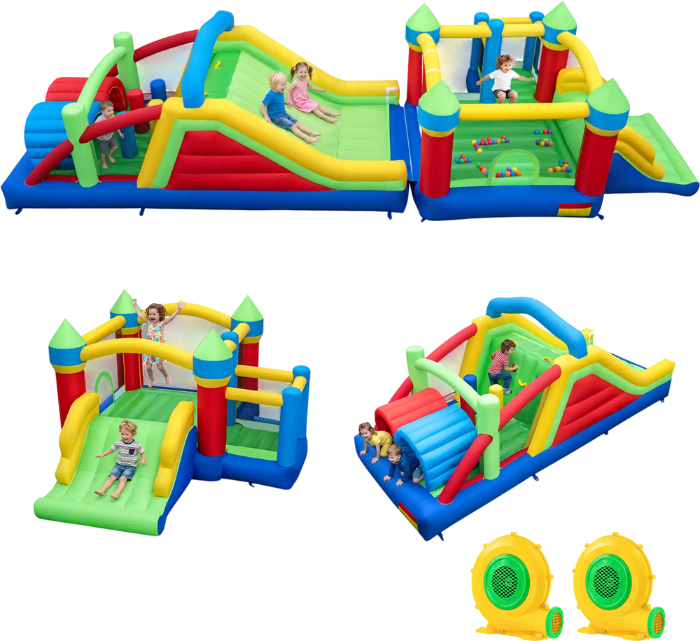 Inflatable Obstacle Course Bounce House with Dual Slides with 2 680W Blower