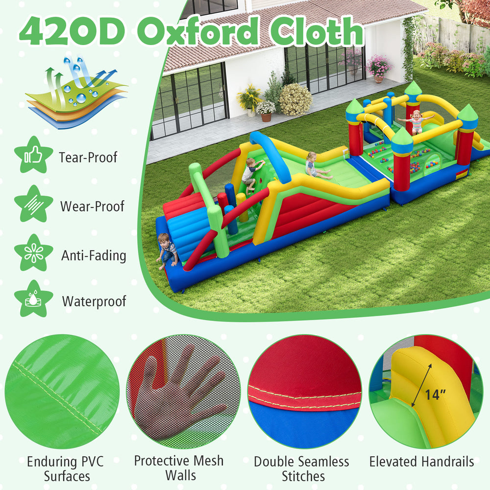Inflatable obstacle course bounce house with dual slides, made of waterproof 420D Oxford fabric for outdoor fun.