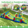 Inflatable obstacle course bounce house with dual slides, climbing wall, and tunnels for kids' fun at parties and.