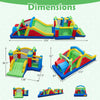 Inflatable obstacle course bounce house with dual slides, featuring climbing wall and tunnels for engaging outdoor fun.