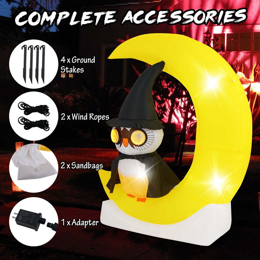 Inflatable Halloween decoration featuring a wizard owl on a crescent moon with LED lights, made of durable polyester.