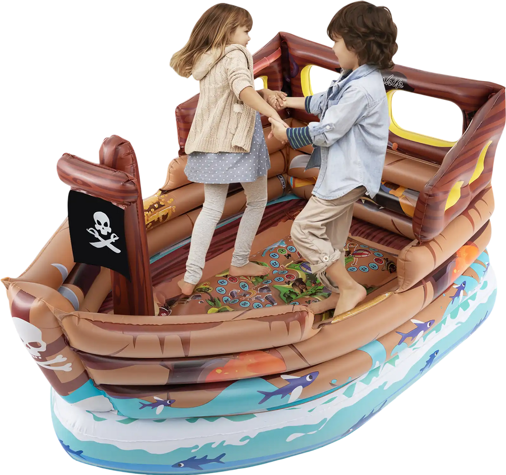 Inflatable pirate ship playhouse in brown with built-in motor, toy sword, and detailed pirate island map for kids' fun.