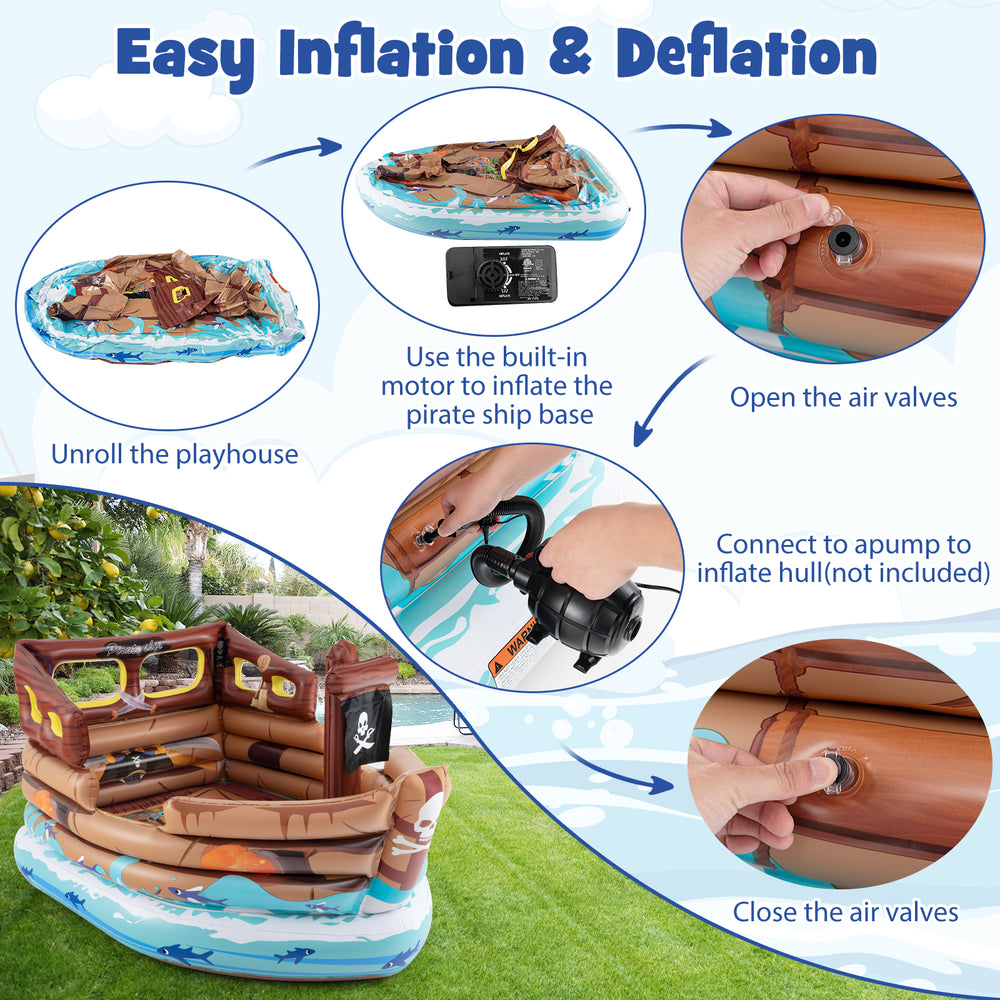 Inflatable pirate ship playhouse with built-in motor, featuring a detailed island map for creative play and easy setup.