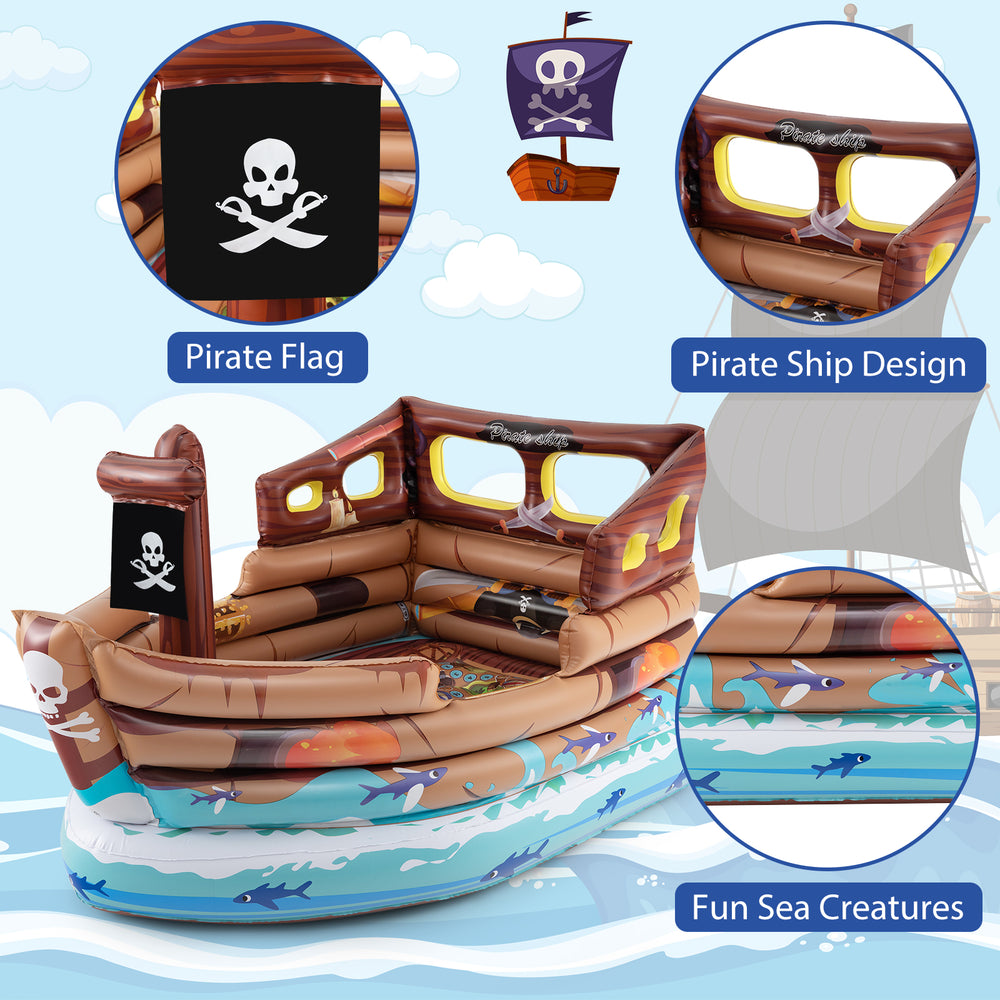 Inflatable pirate ship playhouse in brown with built-in motor, toy sword, and fun sea creatures for kids' imaginative.