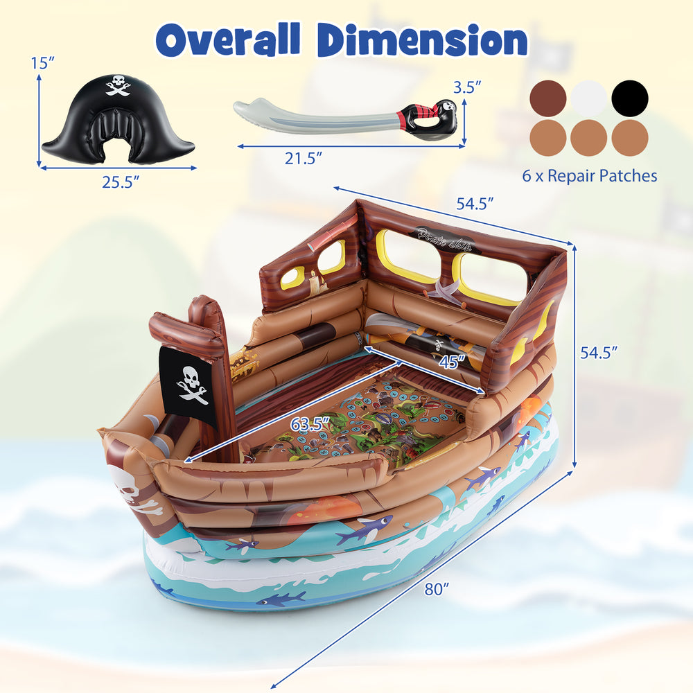 Inflatable pirate ship playhouse with built-in motor, featuring a detailed map, toy sword, and pirate hat for kids' fun.
