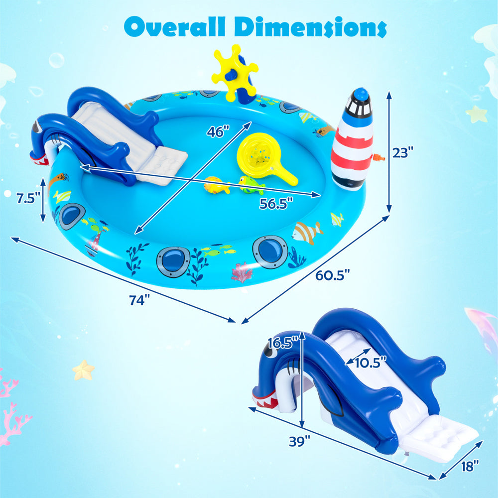 Inflatable Marine Life Spray Pool with shark slide, steering console, and lighthouse sprayer for kids' water fun.