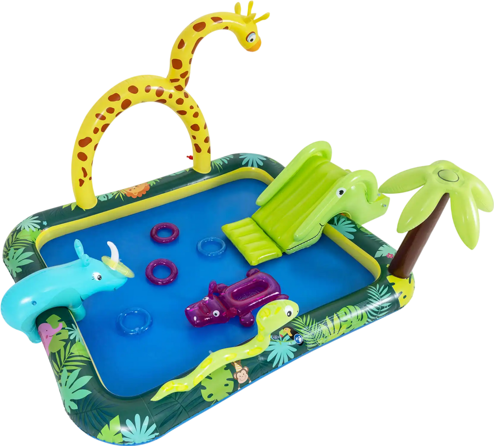Inflatable Play Center Jungle Animal Spray Pool with Slide Giraffe-shaped Sprinkle