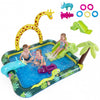 Inflatable Jungle Animal Spray Pool with giraffe sprinkler, slide, and accessories for kids' outdoor fun.