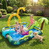 Inflatable Jungle Animal Spray Pool with slide and giraffe sprinkler, perfect for kids' outdoor fun in the backyard.
