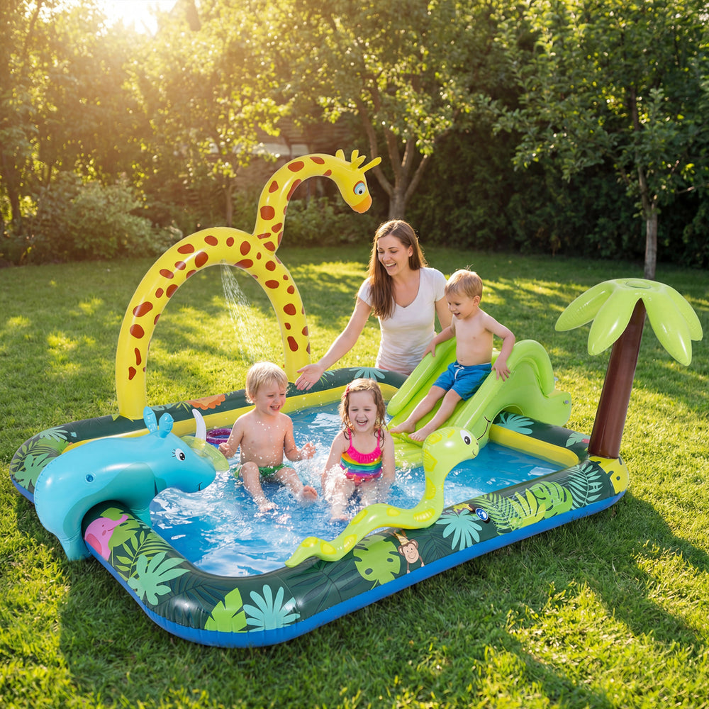 Jungle animal spray pool with giraffe sprinkler and slide, perfect for 2-3 kids aged 2-6 for backyard fun.