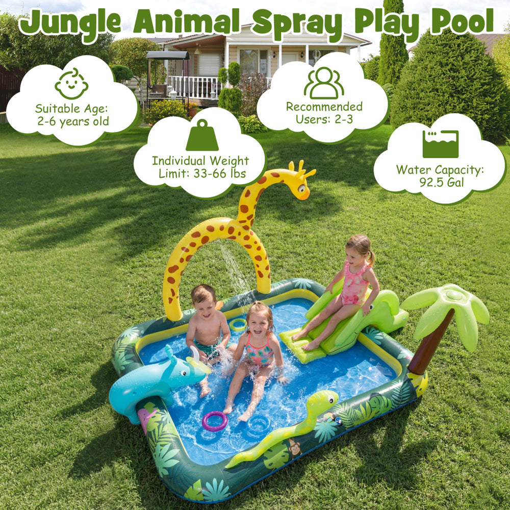 Jungle animal spray play pool with giraffe-shaped sprinkler, smooth slide, and ample water space for 2-3 kids aged 2-6.