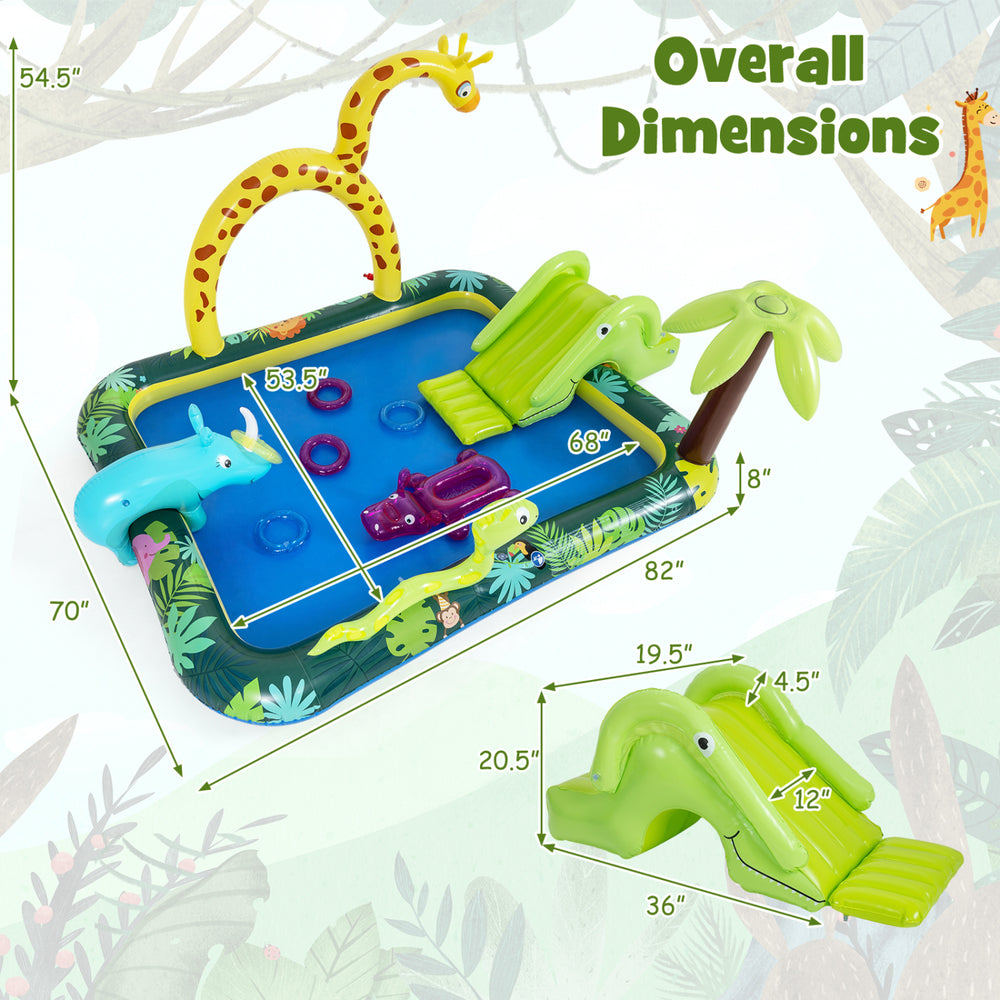 Jungle animal spray pool with slide, giraffe-shaped sprinkler, and ample space for kids to play in the backyard.