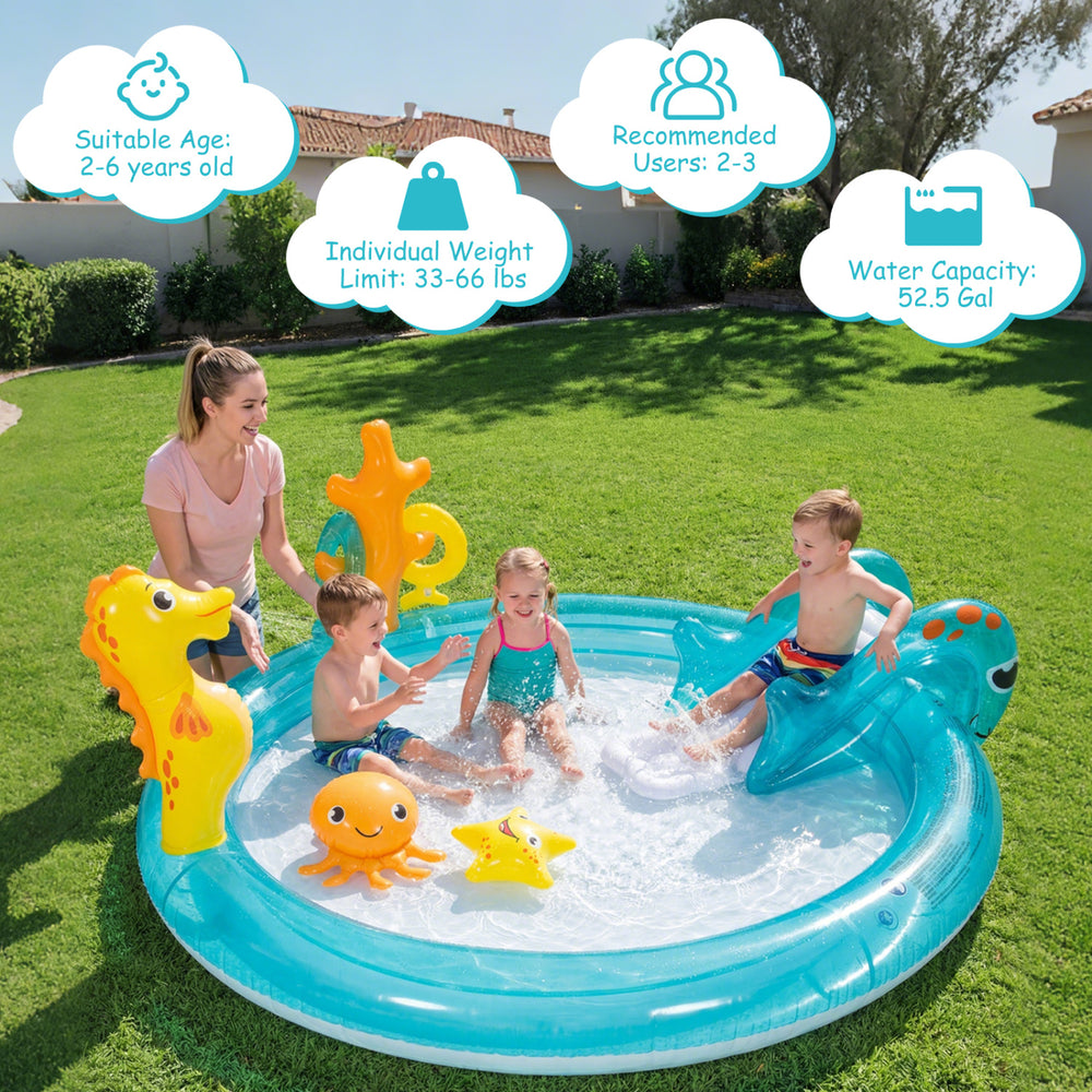 Children playing in an outdoor splash pool with a seahorse sprinkler, designed for 2-3 kids aged 2-6 years.
