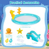 Inflatable pool with seahorse sprinkler, slide, and accessories for summer fun in the backyard, suitable for young.