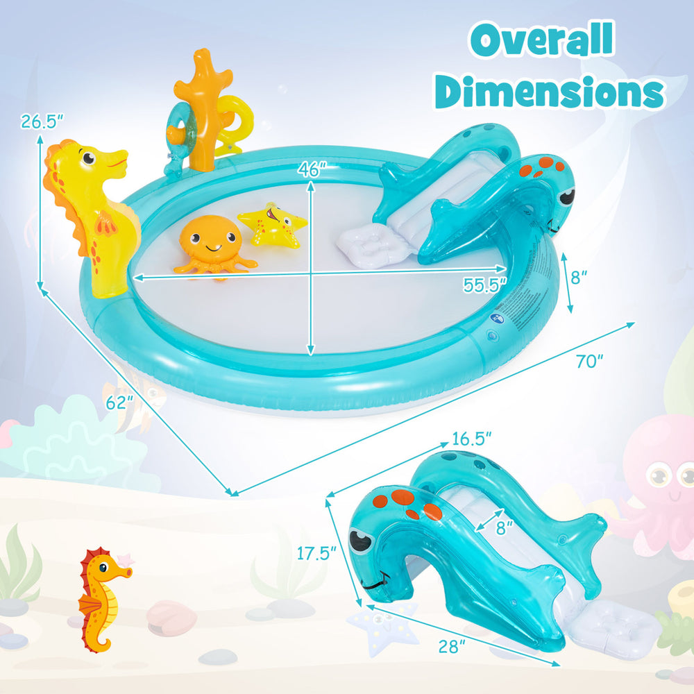 Outdoor children summer water park with seahorse sprinkler, slide, and splash pool for backyard fun, suitable for ages.