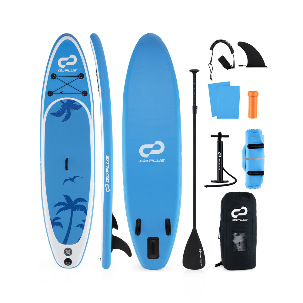 Inflatable stand up paddle board in blue with accessories, including adjustable paddle, fins, and carry backpack for.