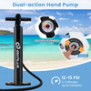 Dual-action hand pump with pressure gauge for easy inflation and deflation of inflatable stand-up paddle board.