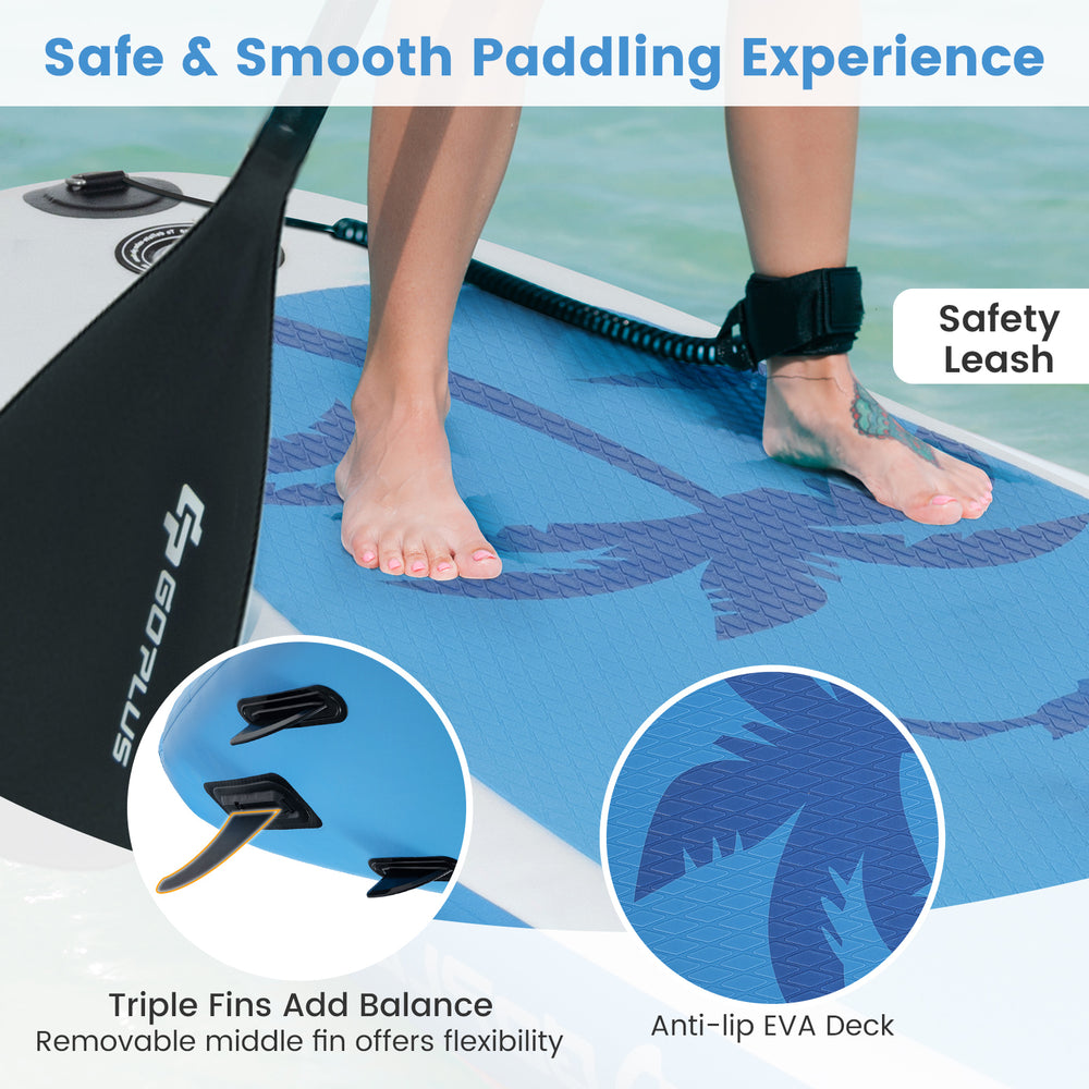 Inflatable stand up paddle board featuring a non-slip EVA pad, triple fins for balance, and safety leash for secure.
