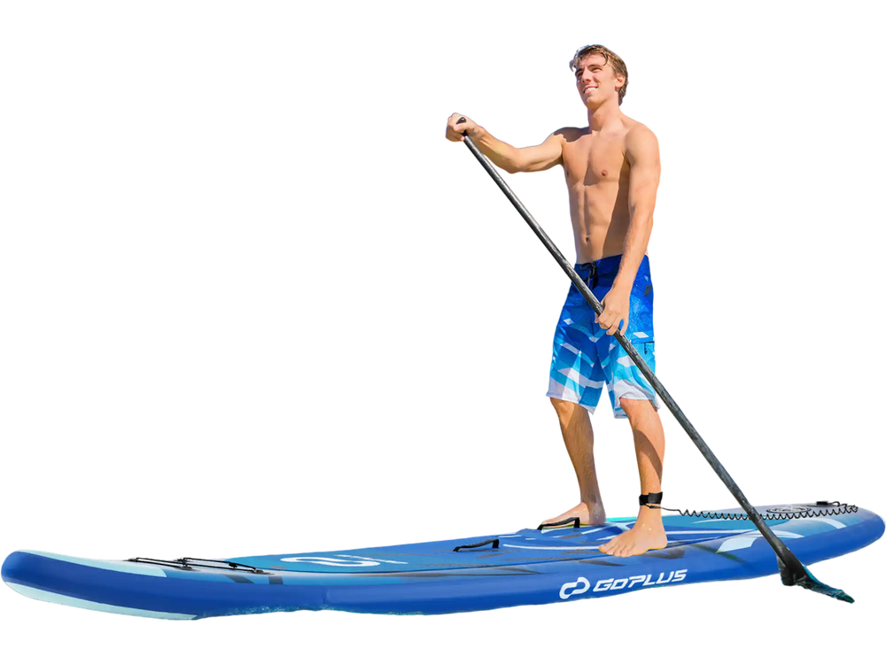 Inflatable stand-up paddle board in blue with a rider, ideal for surfing, yoga, and sunbathing on the water.