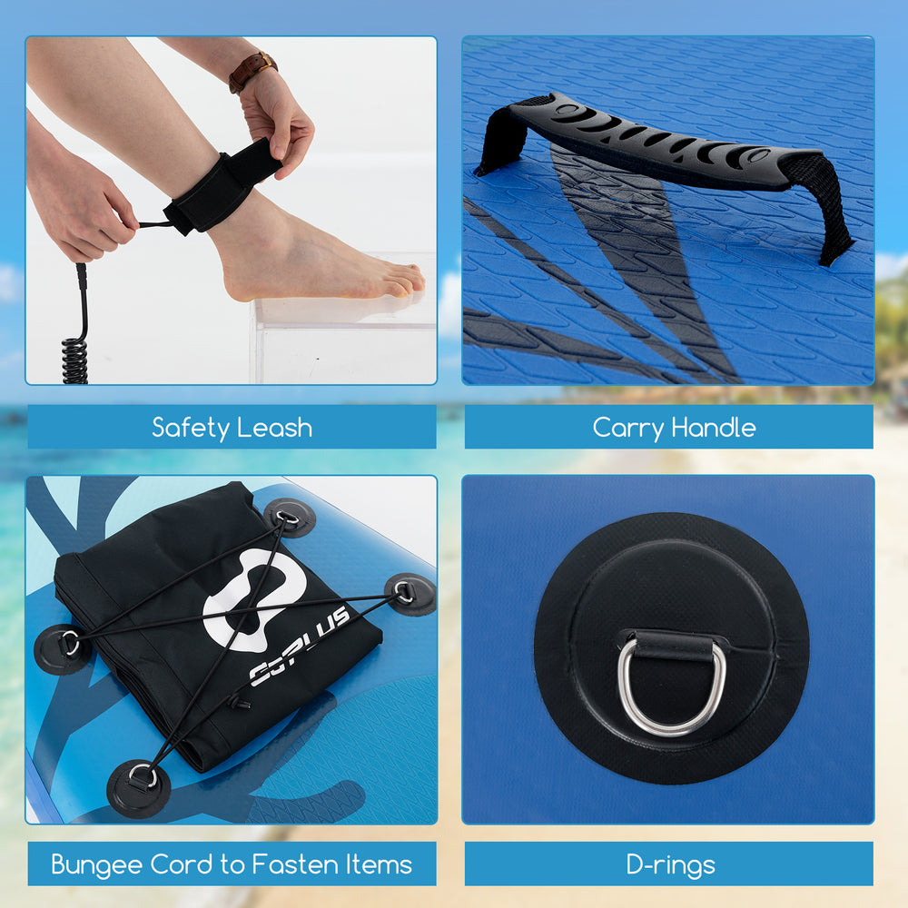 Safety leash, carry handle, bungee cord, and D-rings for the inflatable stand-up paddle board accessories.