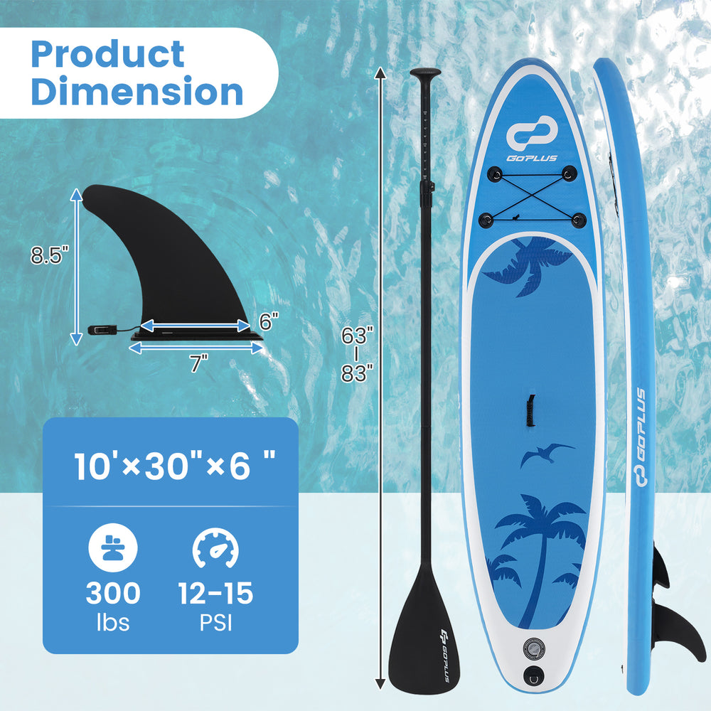 Inflatable stand-up paddle board with stylish coco motif, measuring 10' x 30" x 6", includes adjustable paddle and fins.