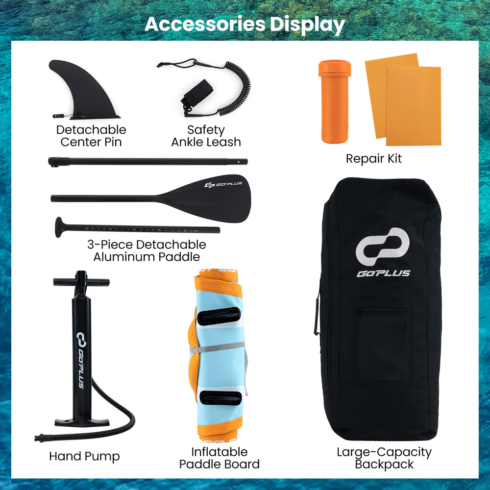 Detachable center fin, adjustable paddle, hand pump, and large-capacity backpack for the inflatable paddle board.
