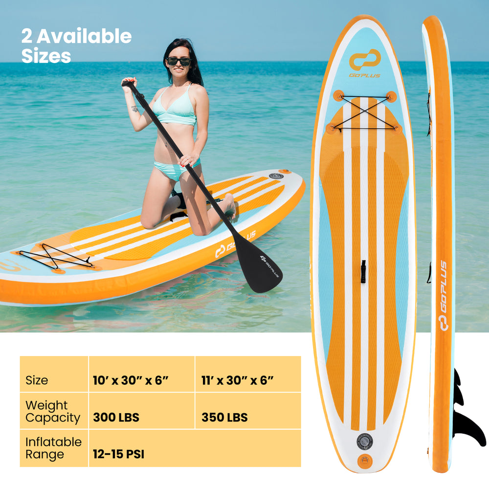 Inflatable stand-up paddle board with adjustable paddle, 3 fins, and anti-slip EVA pad for stability and control.
