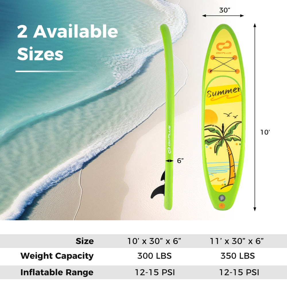 Inflatable stand-up paddle board with vibrant summer design, featuring a 3-fin configuration for stability and control.