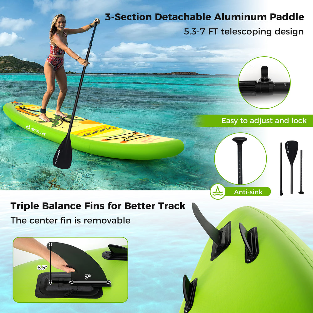Inflatable stand-up paddle board with 3 fins, featuring a durable PVC surface and anti-slip EVA pad for stability.
